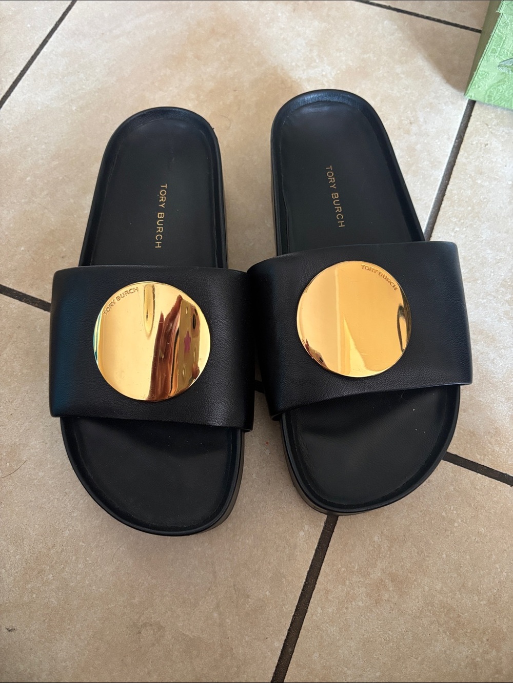 Tory Burch Black Slides with Gold Disc Accents